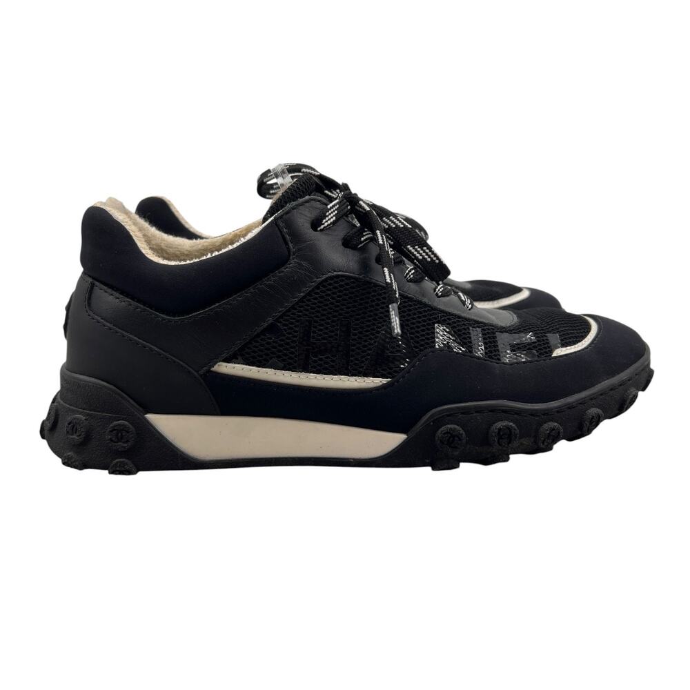 Chanel Womens 6.5 (EU 37) Sneaker Black Leather Suede Nylon Mesh Casual Shoe